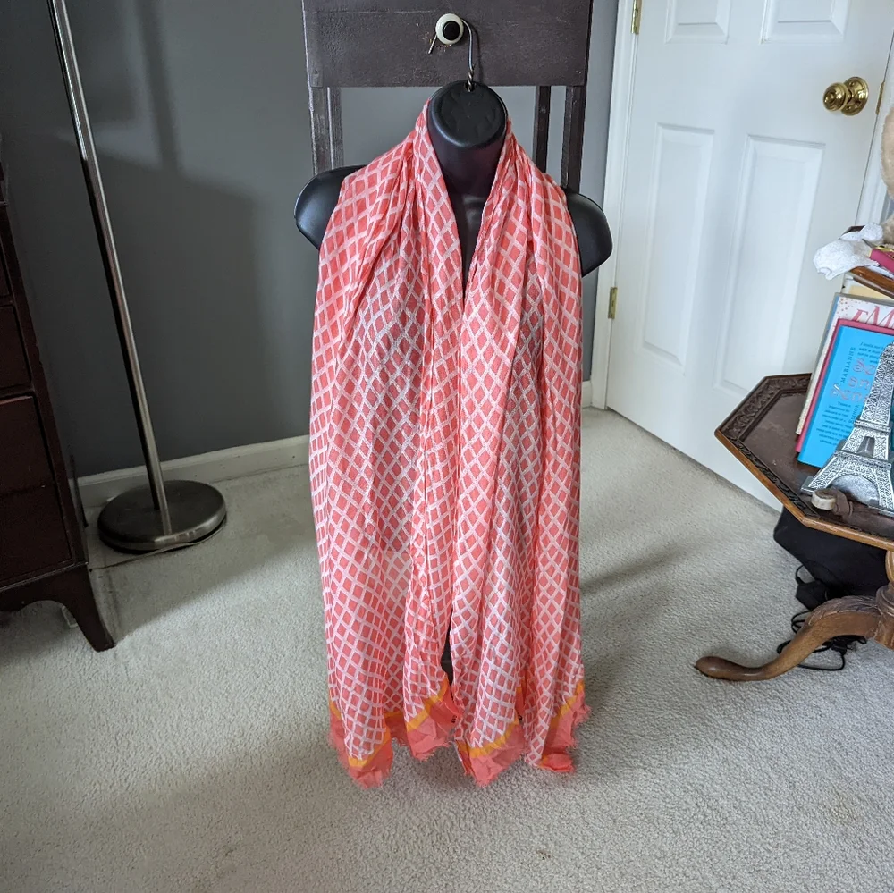 Vera Bradley Pink, White & Orange Frayed Scarf